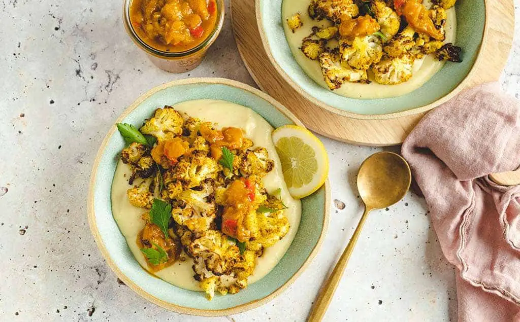 Roasted cauliflower on mashed potatoes and mango chutney